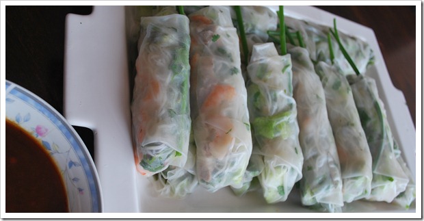Home made prawn and pork rice paper rolls.