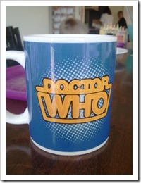 A mug with the 1980s Doctor Who logo.