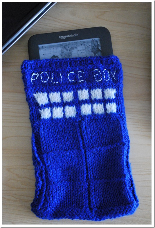Kindle in a knitted TARDIS cover.