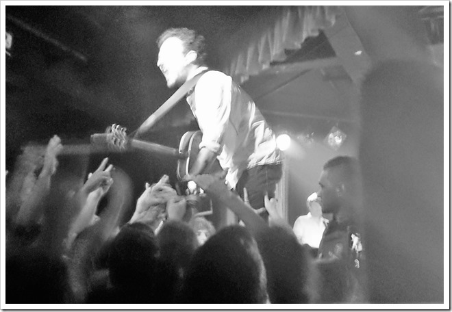 Black and white photo of Frank Turner in concert at The Corner Hotel in Richmond, Melbourne.