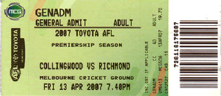 Ticket to AFL game, Richmond vs Magpies 13/4/2007